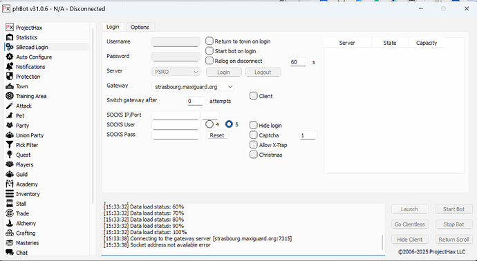 PhBot v31.0.6 - PSRO Socket Error - Testing - ProjectHax