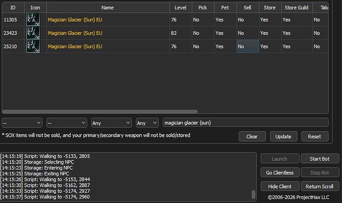 New Version 31.7.6 testing cannot store items - phBot - ProjectHax