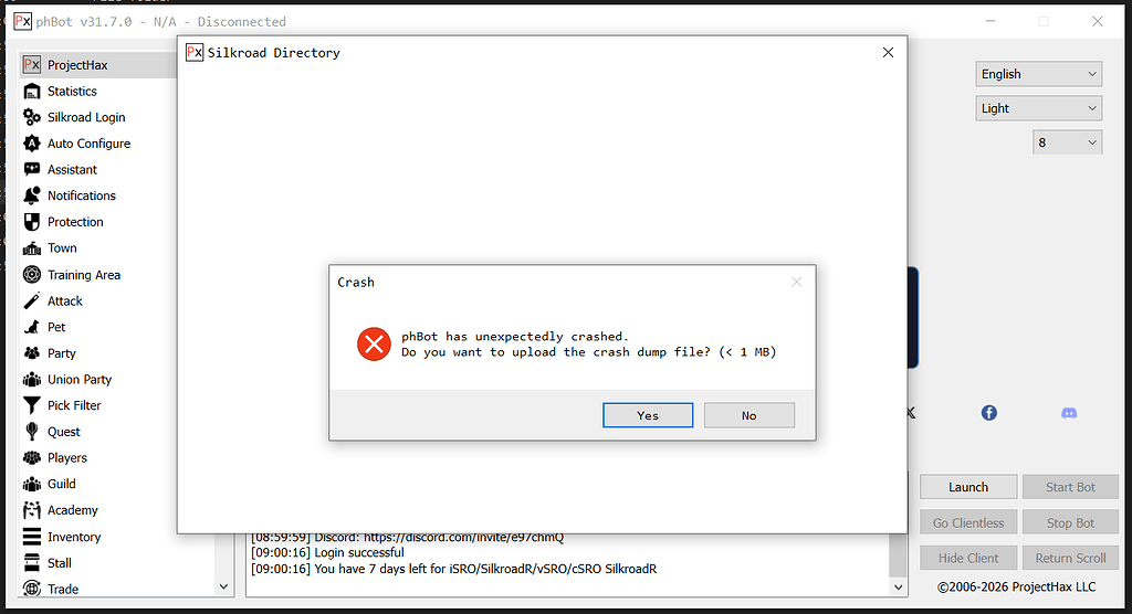 Error when launching bot - phBot - ProjectHax